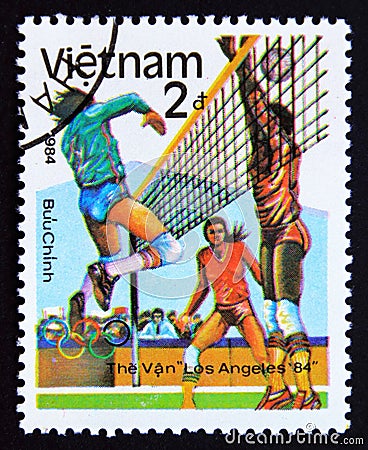 Postage stamp Vietnam 1984, Olympic games volleyball players Editorial Stock Photo