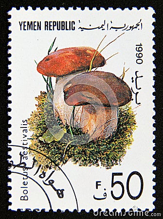 Postage stamp Yemen 1991. Boletus aestivalis Summer Bolete mushroom Editorial Stock Photo