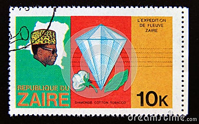 Postage stamp Zaire, 1979. Diamond, cotton and tobacco Editorial Stock Photo