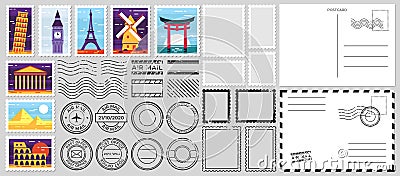 Postage stamps. Air mail envelope, post office stamp and postal stamps vector set. Cachets and postmarks with different Vector Illustration