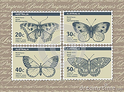 Postage stamps. Butterfly, moth isolated. Insect realistic. Fauna. Postcard. Engraving, drawing nature. Vintage illustration. Vector Illustration