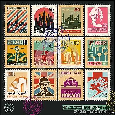 Postage stamps, cities of the world, vintage travel labels and badges set, seal and postmark design templates Vector Illustration