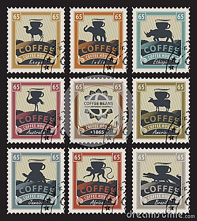 Postage stamps with coffee beans Vector Illustration
