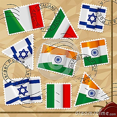 Postage stamps with flags Vector Illustration