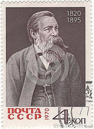 Postage stamps issued in the USSR depicting Friedrich Engels, the founders of Marxism. Editorial Stock Photo