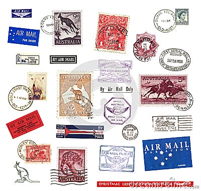 Postage stamps and labels from Australia Editorial Stock Photo