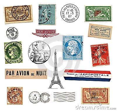 Postage stamps and labels from France Editorial Stock Photo