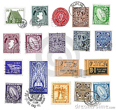 Postage stamps and labels from Ireland Editorial Stock Photo