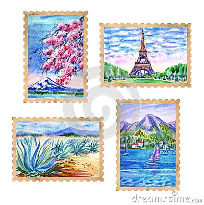 Travel stamps with landscapes of various countries Cartoon Illustration