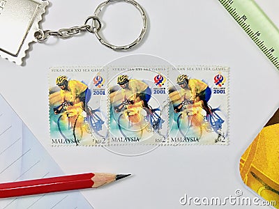 Postage stamps of Malaysia. 2001 Kuala Lumpur. XXI sea games. Editorial Stock Photo
