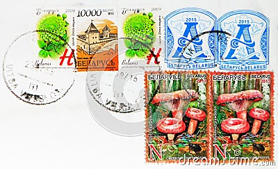 Postage stamps printed in Belarus, with stamp of Vitebsk shows Lactarius torminosus, Zinnia, Lida castle XIV century, serie, circa Editorial Stock Photo