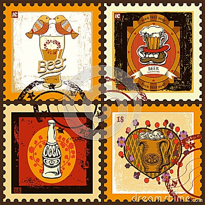 Postage stamps set for beer theme. Vector Illustration