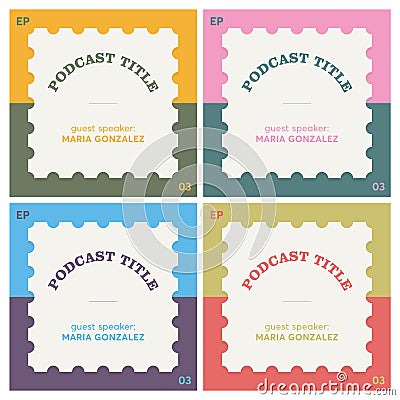 Postage stamps style podcast cover art templates bundle of four Vector Illustration