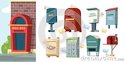 Postal containers. Mailboxes with letters envelope vector pictures Vector Illustration