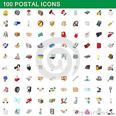 100 postal icons set, cartoon style Vector Illustration