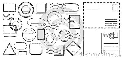 Postal letter with postmark stamps, black postage of various shape as circle, square, rhombus isolated on white Vector Illustration