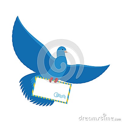 Postal pigeon. Blue Dove with envelope. Blue Bird postman carrie Vector Illustration