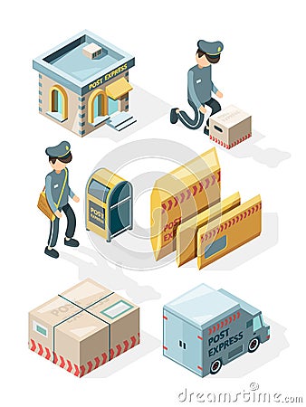 Postal service. Cargo delivery office postcards envelope postbox mail letters vector isometric illustrations Vector Illustration