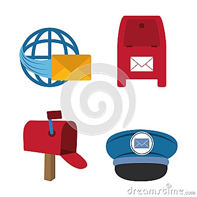 postal service, courier delivery icons world mail message mailbox and cap Vector Illustration