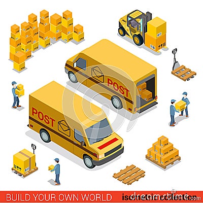 Postal service delivery van package vector isometric flat 3d Vector Illustration