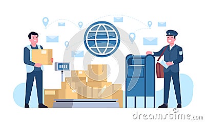 Postal service handles sending of letters or parcel boxes all over world. Post office. Mail shipment. Postman putting Vector Illustration