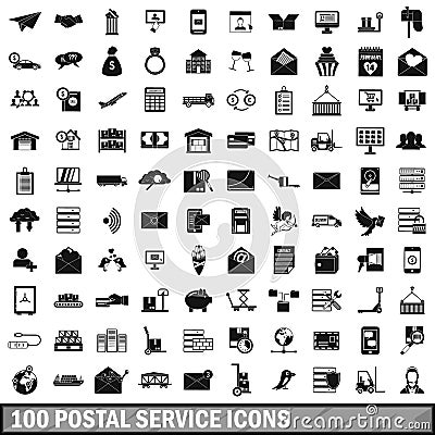 100 postal service icons set, simple style Vector Illustration