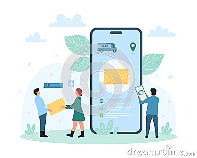 Postal service online, people track delivery of letter via mail mobile app in big phone Vector Illustration