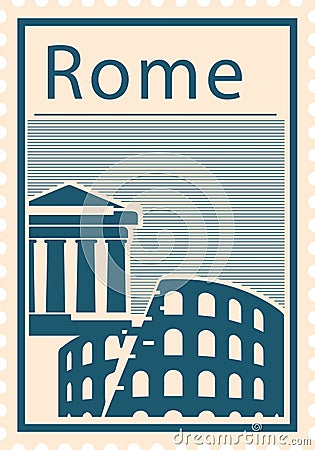 Postal stamp with COLOSSEUM and PANTHEON famous landmarks of ROME, ITALY Vector Illustration