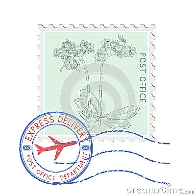 Postal stamp with flower and blue round postmark Vector Illustration