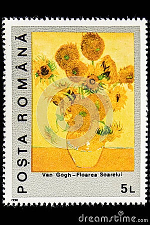 Postage stamp from 1990: Sunflowers in French Tournesols by the Dutch artist Vincent van Gogh Editorial Stock Photo