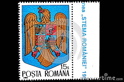 Bucharest Romania 1992 Postal stamp with the Romanian Coat of arms based on the Lesser Coat of Arms of the Kingdom of Romania u Editorial Stock Photo