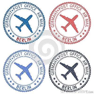 Postal stamps with BERLIN title. Round colored postmarks Vector Illustration