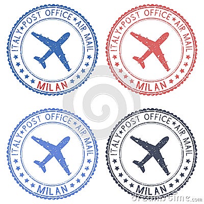 Postal stamps with MILAN title. Round colored postmarks Vector Illustration