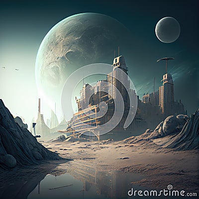 postapocalyptic city with flying skyscrapers on moon Stock Photo