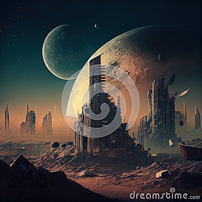 postapocalyptic city with flying skyscrapers on moon Stock Photo