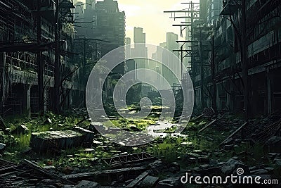 Postapocalyptic City With Overgrown Buildings In Dystopian World Stock Photo