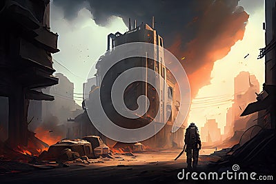 postapocalyptic city under siege, with explosions and gunfire in the distance Stock Photo