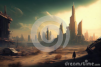 postapocalyptic city, with view of destroyed skyline and missing buildings Stock Photo