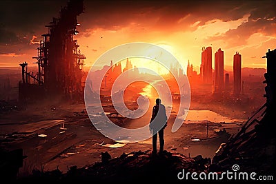 postapocalyptic city, with view of the remains of a massive explosion in the distance Stock Photo