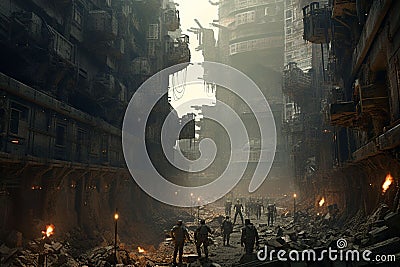 Postapocalyptic cityscape dominated by colossal Stock Photo