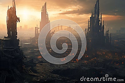 Postapocalyptic cityscape dominated by colossal Stock Photo