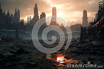 Postapocalyptic cityscape dominated by colossal Stock Photo