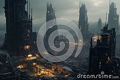 Postapocalyptic cityscape dominated by colossal Stock Photo