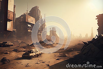 postapocalyptic cityscape, with dust and debris obscuring the view Stock Photo