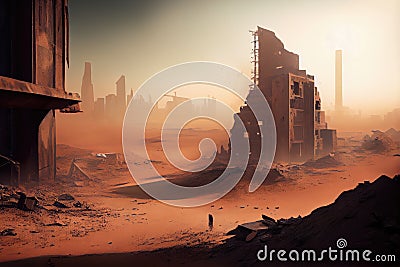 postapocalyptic cityscape, with dust and debris obscuring the view Stock Photo