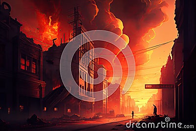 postapocalyptic cityscape with fiery sky and smoke rising from the ruins Stock Photo
