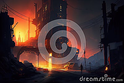 postapocalyptic cityscape at night, with the glow of fire and searchlights in the distance Stock Photo