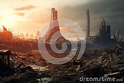 Postapocalyptic cityscape punctuated by the Stock Photo