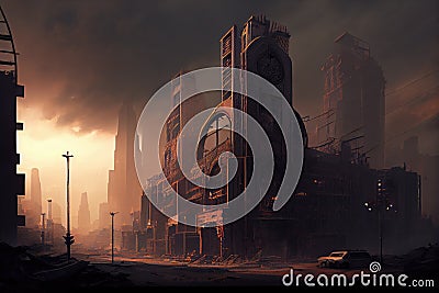 postapocalyptic cityscape, with towering structures and smoky skies Stock Photo