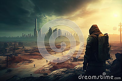 postapocalyptic cityscape, with view of the ruined skyline and radiation storm in the distance Stock Photo